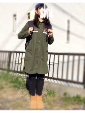 「アイテム（シャツワンピース、グリーン系）」を使った、shuriさん（レディース・153cm）の冬コーディネート