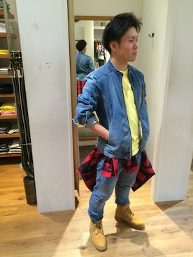 「TYPE BLUE（タイプブルー）のアイテム（ライダースジャケット）」を使った、三品文哉さん（メンズ・163cm）の秋コーディネート