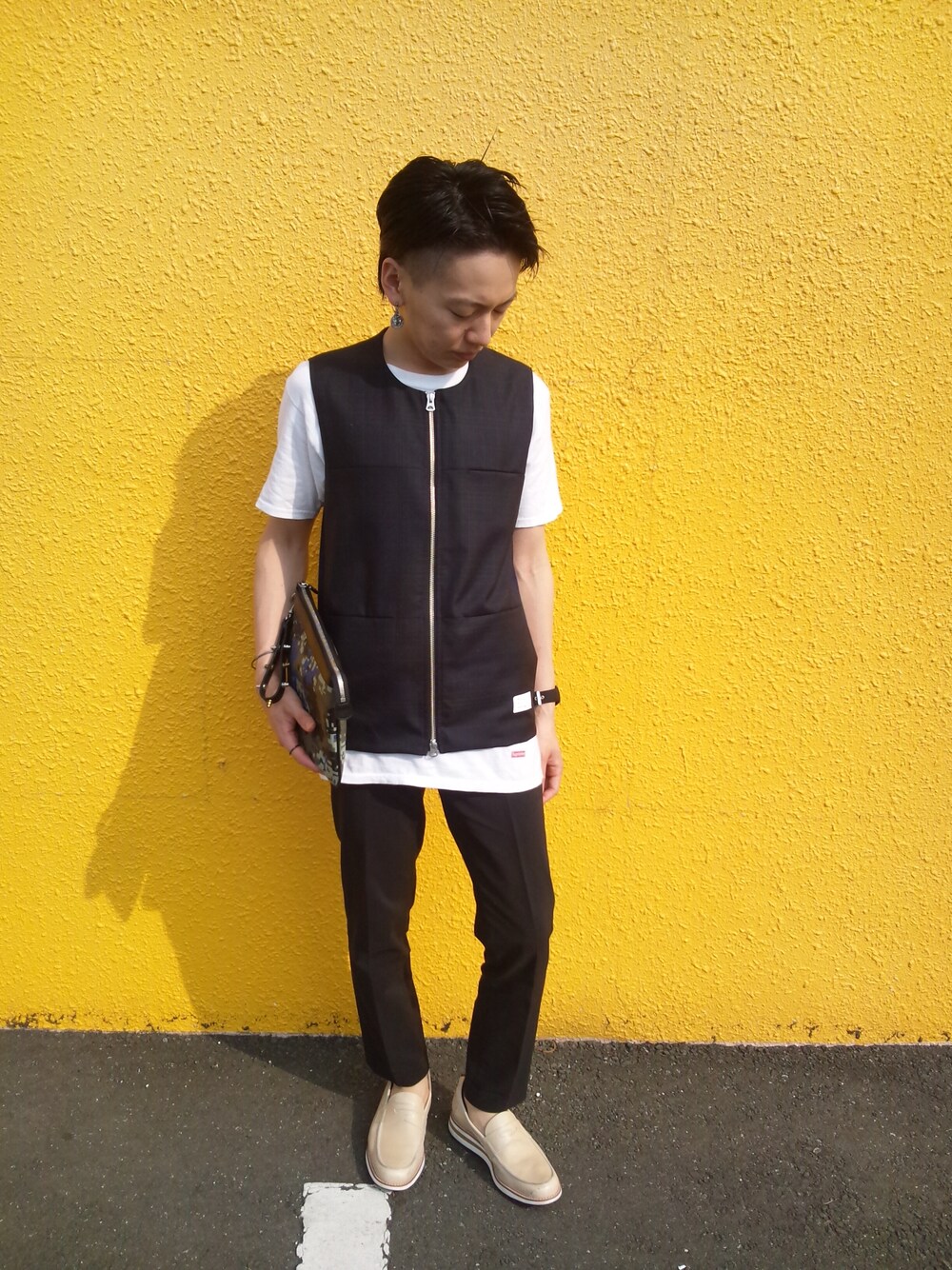 「Name.の【Name.】SHADOW CHECK GILET（ベスト、ブルー系）」を使った、Ke.iさん（メンズ・161cm）の夏コーディネートの1枚目の写真