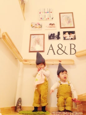 「アイテム（サロペット/オーバーオール、イエロー系）」を使った、A&Bさん（キッズ・90cm）の冬コーディネート