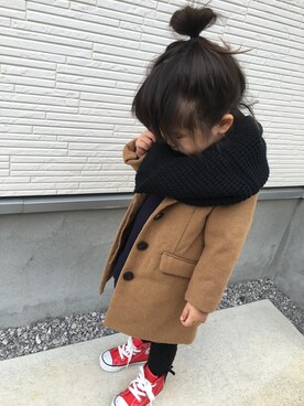 「アイテム（チェスターコート、イエロー系）」を使った、marokoさん（キッズ・90cm）の冬コーディネート
