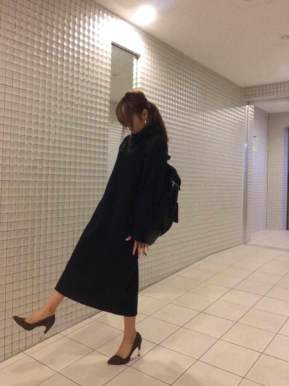 「friends、lady、sister、kyoto、STYLE」｜「JEANASISの【完売カラー追加予約決定】9Gリブルーズワンピース/569821（ワンピース、グレー系）」を使った、haruka.Mさん（レディース・155cm）の秋コーディネートの1枚目の写真
