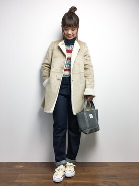 「Ray BEAMS（レイビームス）のアイテム（ムートンコート）」を使った、tomoyoさん（レディース・159cm）の秋コーディネート