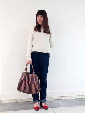 「BEAMS BOY（ビームスボーイ）のJackman / ワッフル ミドルネック トップス（スウェット、ベージュ系）」を使った、Hoさん（レディース・162cm）の秋コーディネート