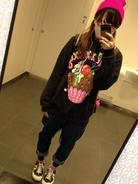 「galaxxxy（ギャラクシー）のアイテム（スウェット、ブラック系）」を使った、ふくちゃんさん（レディース・156cm）の春コーディネート