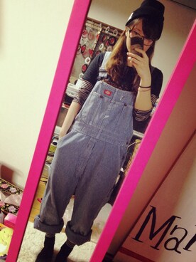 「アイテム（サロペット/オーバーオール、ブルー系）」を使った、ふくちゃんさん（レディース・156cm）の春コーディネート