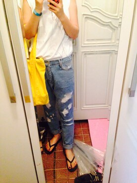 「TOPTENのアイテム（Tシャツ/カットソー、ホワイト系）」を使った、박나영さん（レディース・156cm）の夏コーディネート
