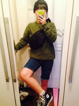 「SPAO（スパオ）のアイテム（ニット/セーター、グリーン系）」を使った、박나영さん（レディース・156cm）の秋コーディネート