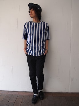 「THREE BLIND MICE（スリーブラインドマイス）のアイテム（トップス）」を使った、レブルエレメンツさん（メンズ・173cm）の夏コーディネート