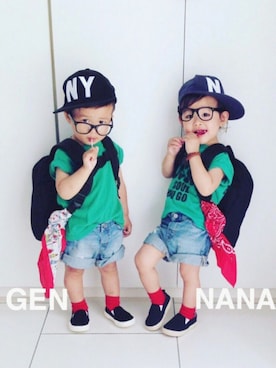 「abcd（ナシ）のアイテム（バッグ）」を使った、Nana‎٭¨̮❼さん（キッズ・80cm）の夏コーディネート