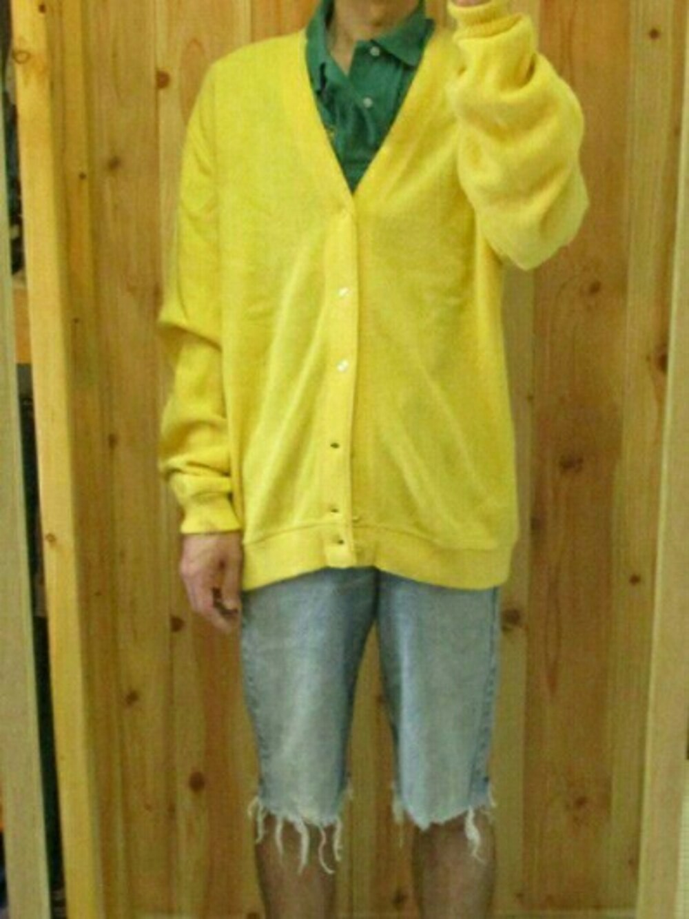 ブルー系のデニムパンツ、イエロー系のカーディガン/ボレロ、グリーン系のポロシャツを着用したメンズの秋コーディネートの1枚目の写真