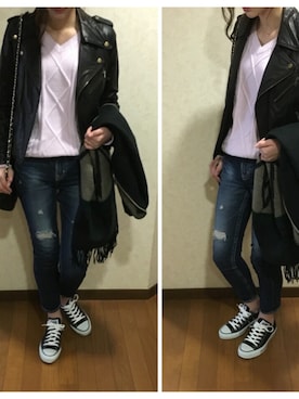 「chanel」｜「アイテム（ライダースジャケット）」を使った、mocoさん（レディース・157cm）の春コーディネート