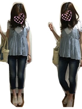 「Ungrid（アングリッド）のインディゴフレイドヘムストスリ（デニムパンツ）」を使った、mocoさん（レディース・157cm）の夏コーディネート