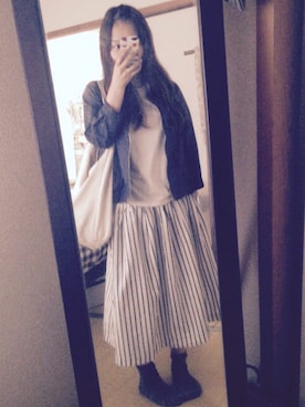 「B.L.U.E（ビーエルユーイー）のアイテム（ノーカラージャケット）」を使った、minilaさん（レディース・148cm）の秋コーディネート