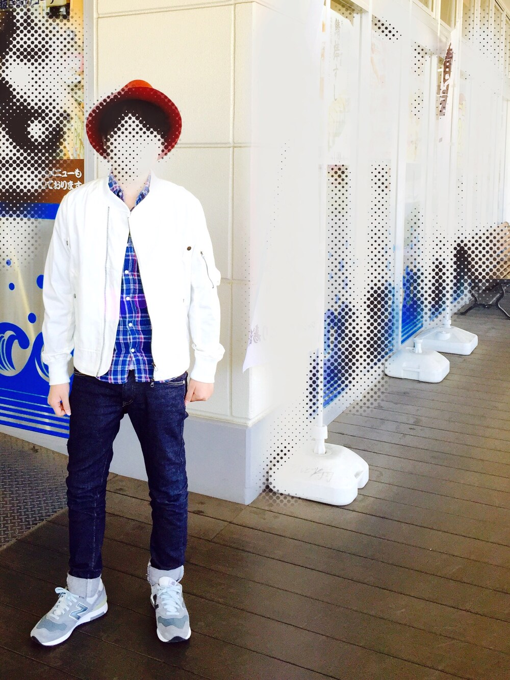 「春、MA-1、ニューバランス、スニーカー、スキニーデニム、チェックシャツ、m1400、ハット、street、ミリタリー」｜「BLUE BLUEのアイテム（シャツ/ブラウス、ブルー系）」を使った、こすみさん（メンズ・168cm）の春コーディネートの1枚目の写真