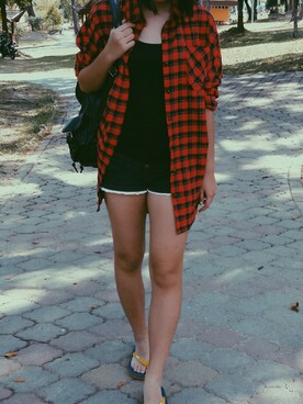 「-のアイテム（ジャケット/アウター、レッド系）」を使った、MomoChia57さん（レディース・160cm）の夏コーディネート