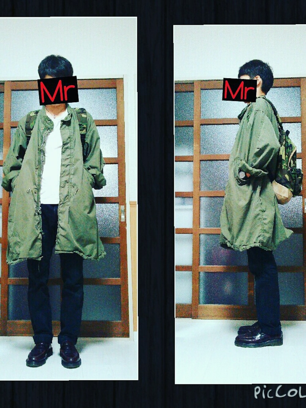 グリーン系のジャケット/アウター、ホワイト系のTシャツ/カットソー、レッド系のシューズを着用したメンズの秋コーディネートの1枚目の写真