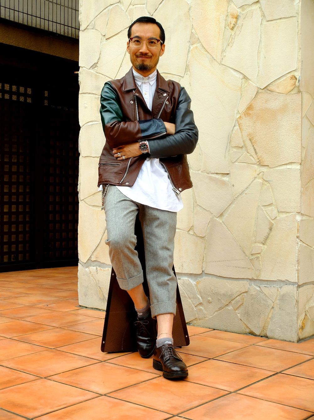 「undercoverism、ALDEN、District」｜「UndercoverismのJ4206-1 Bordeaux Leather Jacket（ライダースジャケット、ブラウン系）」を使った、ShinjiJediMoriyamaさん（メンズ・168cm）の秋コーディネートの1枚目の写真