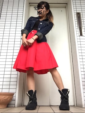 「スニーカーブーツ」｜「アイテム（デニムジャケット）」を使った、poruさん（レディース・157cm）の春コーディネート