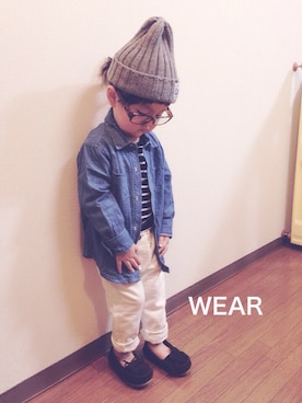 「ボーダーTシャツ」｜「アイテム（モカシン/デッキシューズ）」を使った、Arisukeさん（キッズ・90cm）の春コーディネート