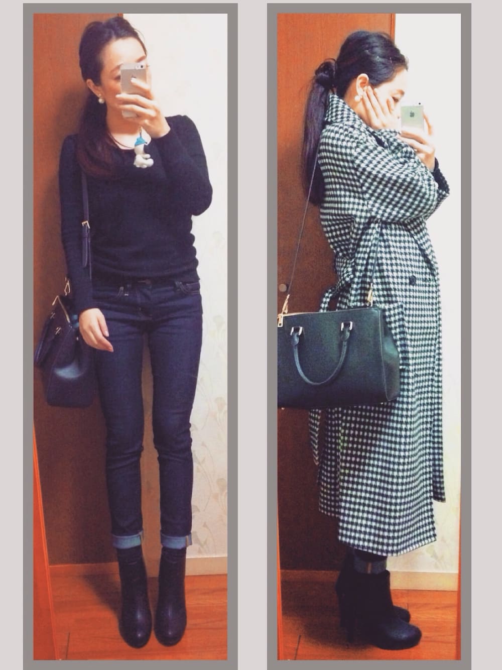 ブラック系のニット/セーター、ブルー系のデニムパンツ、ブラック系のブーツを着用したレディースの春コーディネートの1枚目の写真