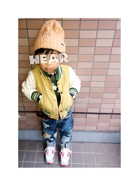 「アイテム（スタジャン、イエロー系）」を使った、yukiameさん（キッズ・100cm）の秋コーディネート