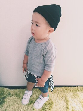 「アイテム（水着、ブルー系）」を使った、リヒトさん（キッズ・80cm）の春コーディネート