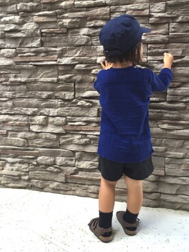 「PETIT BATEAU（プチバトー）のアイテム（キャップ）」を使った、リヒトさん（キッズ・90cm）の夏コーディネート