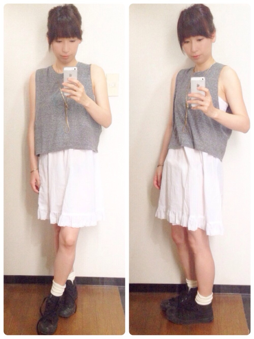 「コンバース、ワンピース、converse、モノトーン、フェススタイル、白ソックス、お団子ヘアー、チューブトップ、WEARBOOKエントリー、#WEARBOOKエントリー」｜「THE DAYZ TOKYOのドライコットンショートTOP（Tシャツ/カットソー、グレー系）」を使った、yukoさん（レディース・159cm）の夏コーディネートの1枚目の写真