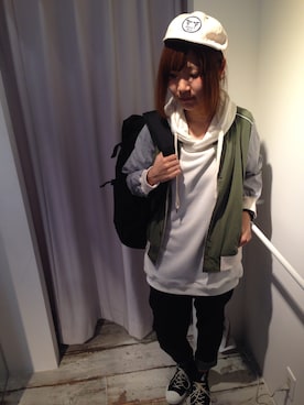 「DOUBLE NAME（ダブルネーム）のアイテム（ブルゾン）」を使った、しのぴ(´ω｀)/さん（レディース・163cm）の春コーディネート