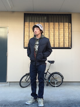 「Back Channel（バックチャンネル）のアイテム（ミリタリージャケット）」を使った、ギブソンさん（メンズ・175cm）の冬コーディネート