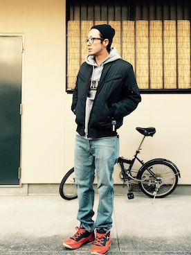 「Back Channel（バックチャンネル）のアイテム（ミリタリージャケット）」を使った、ギブソンさん（メンズ・175cm）の冬コーディネート