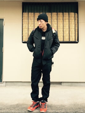 「Back Channel（バックチャンネル）のアイテム（ミリタリージャケット）」を使った、ギブソンさん（メンズ・175cm）の冬コーディネート