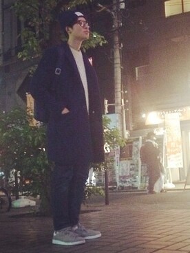 「ALLEGE（アレッジ）のアイテム（ニットキャップ/ビーニー）」を使った、もんたさん（メンズ・175cm）の冬コーディネート