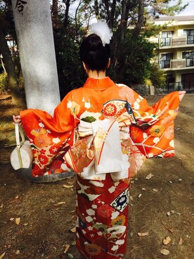 「アイテム（水着/着物・浴衣、レッド系）」を使った、maさん（レディース・156cm）の冬コーディネート