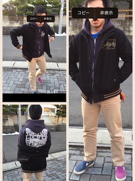 「Subciety（サブサエティ）のアイテム（スタジャン）」を使った、南谷樹さん（メンズ・169cm）の冬コーディネート