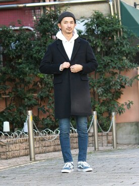 「JOURNAL STANDARD relume（ジャーナルスタンダード　レリューム）のアイテム（チェスターコート）」を使った、enoさん（メンズ・174cm）の冬コーディネート