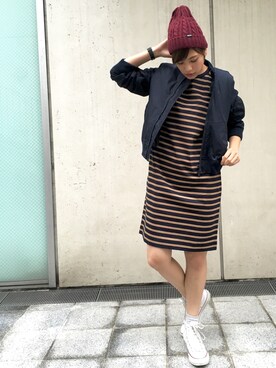 石川 瑠利子さんの「STRIPED L/S DRESS（ストライプ/ボーダー/ロングスリーブ/ドレス）」を使ったコーディネート