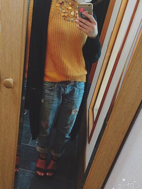 「H&M（エイチ・アンド・エム）のアイテム（ニット/セーター、オレンジ系）」を使った、kekoさん（レディース・152cm）の春コーディネート