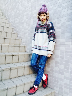 「アイテム（ニットキャップ/ビーニー、ピンク系）」を使った、イヒラさん（レディース・155cm）の冬コーディネート