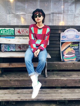 「MONKI（モンキ）のアイテム（メガネ）」を使った、イヒラさん（レディース・155cm）の冬コーディネート