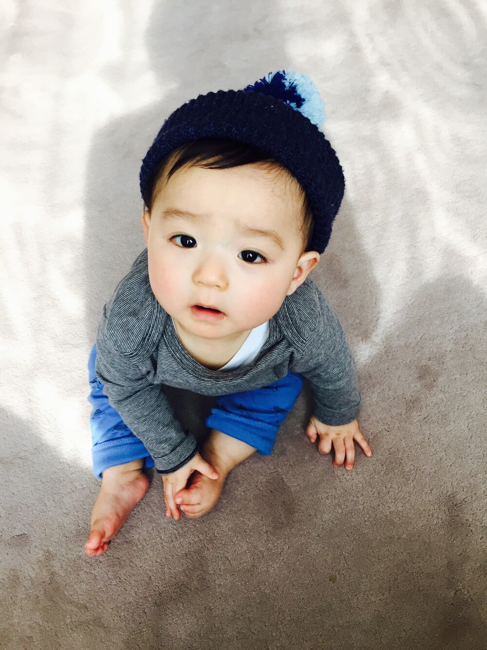 「ZARA KIDS、8ヶ月、赤ちゃん、kids、ニット、シンプル、男の子、こどもビームス」｜「こども ビームスのアイテム（ニットキャップ/ビーニー、ブルー系）」を使った、RYOUGAさん（キッズ・60cm）の冬コーディネートの1枚目の写真