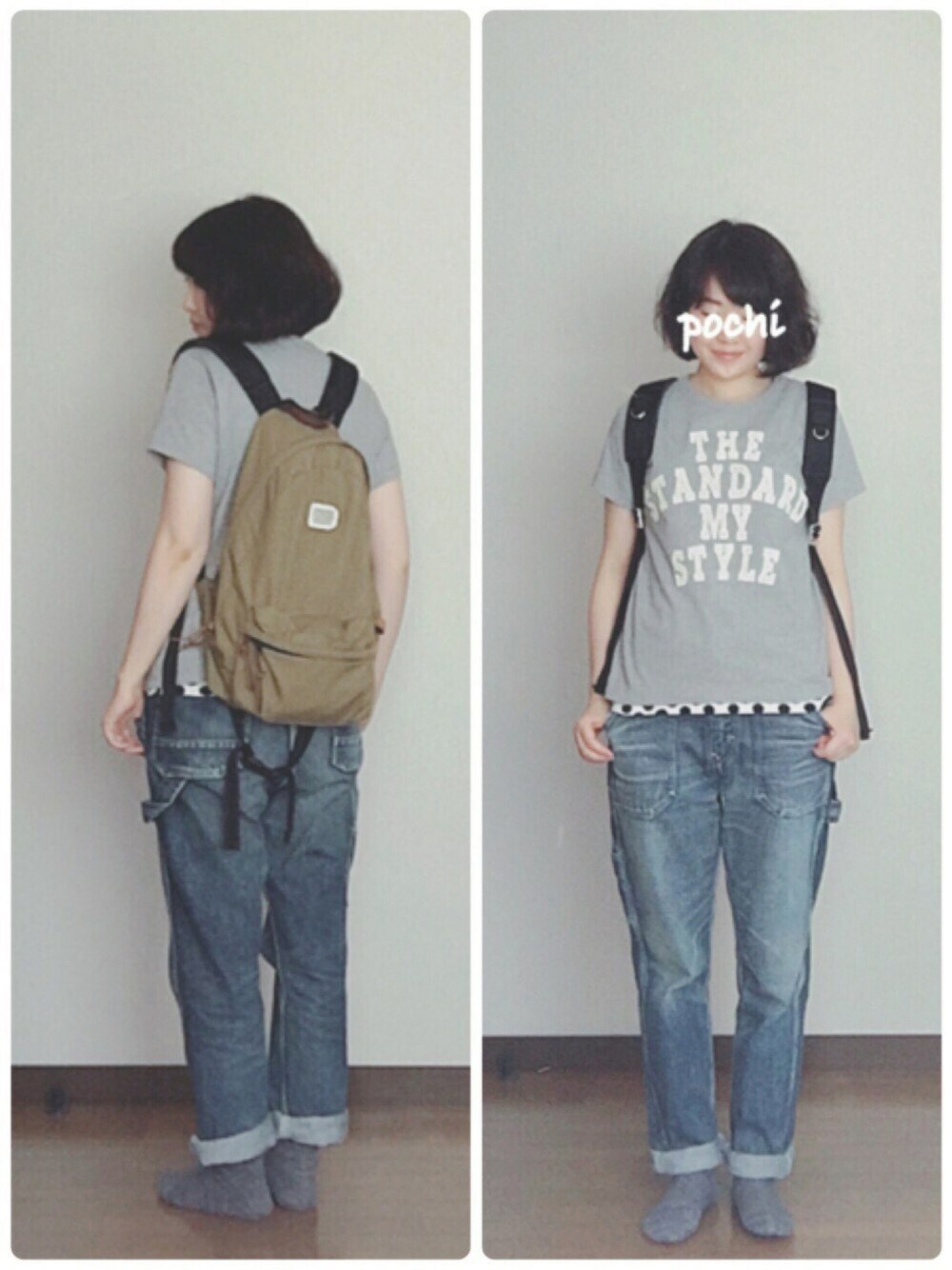 グレー系のTシャツ/カットソー、ホワイト系のタンクトップ、イエロー系のバックパック/リュックを着用したレディースの夏コーディネートの1枚目の写真