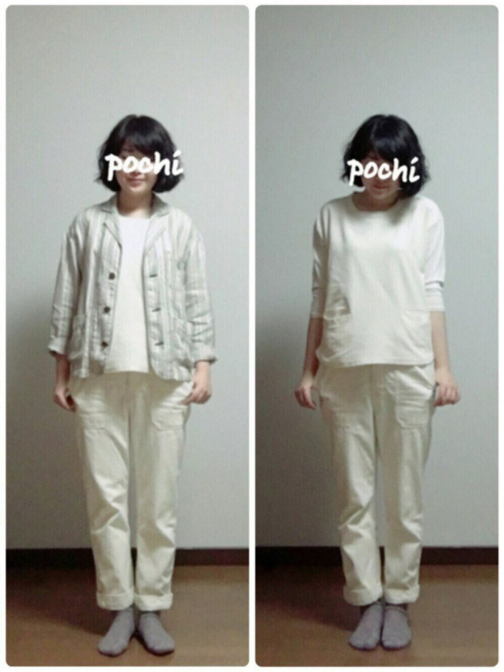 ベージュ系のテーラードジャケット、ホワイト系のその他トップス、ホワイト系のパンツを着用したレディースの夏コーディネートの1枚目の写真