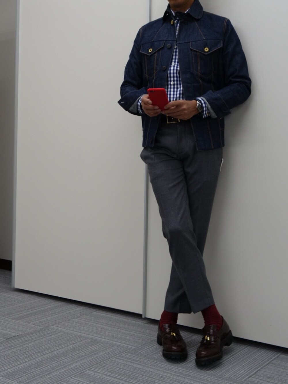 「Gジャン、ギンガムチェックシャツ、8分丈」｜「RAINMAKERのアイテム（シャツ/ブラウス、その他）」を使った、Cobainさん（メンズ・171cm）の秋コーディネートの1枚目の写真