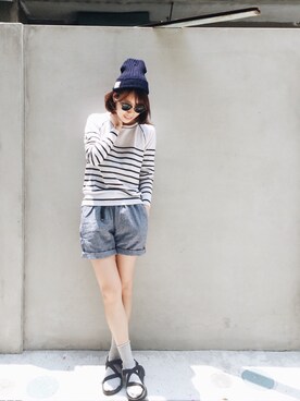 「blue」｜「アイテム（ニットキャップ/ビーニー）」を使った、W.さん（レディース・164cm）の夏コーディネート
