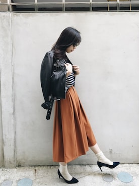 「MUJI」｜「アイテム（ライダースジャケット）」を使った、W.さん（レディース・164cm）の冬コーディネート