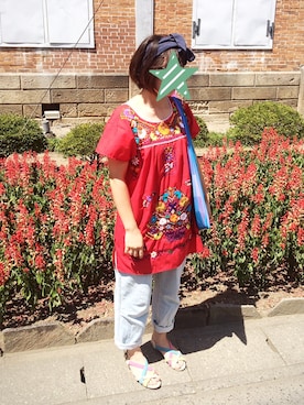 「アイテム（チュニック、レッド系）」を使った、ねここ**さん（レディース・158cm）の夏コーディネート