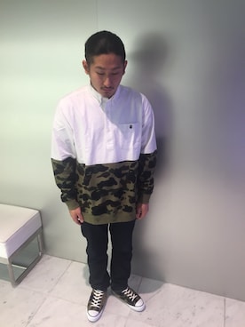 「A BATHING APE（アベイシングエイプ）のアイテム（パンツ）」を使った、竹内渋貴さん（メンズ・172cm）の冬コーディネート