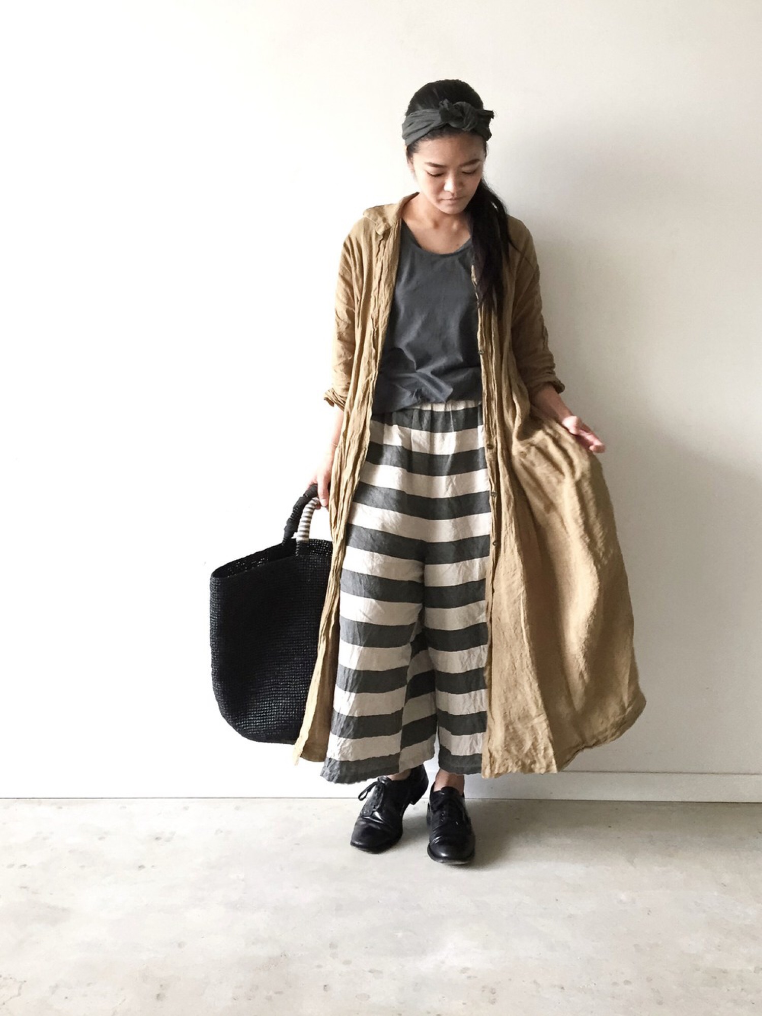 イチアンティークス リネン100% ロングワンピース ブラウン シャツ